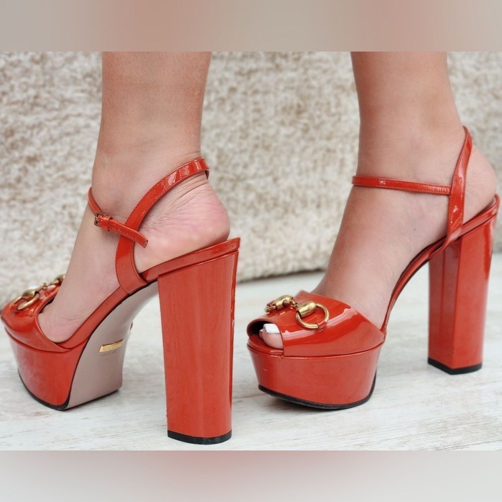 GUCCI Horsebit Malaga Platform Sandals 15.5cm Patent Leather EU 38